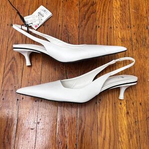 NWT Zara White Leather Pointed Toe Slingback Kitten Heels Pumps